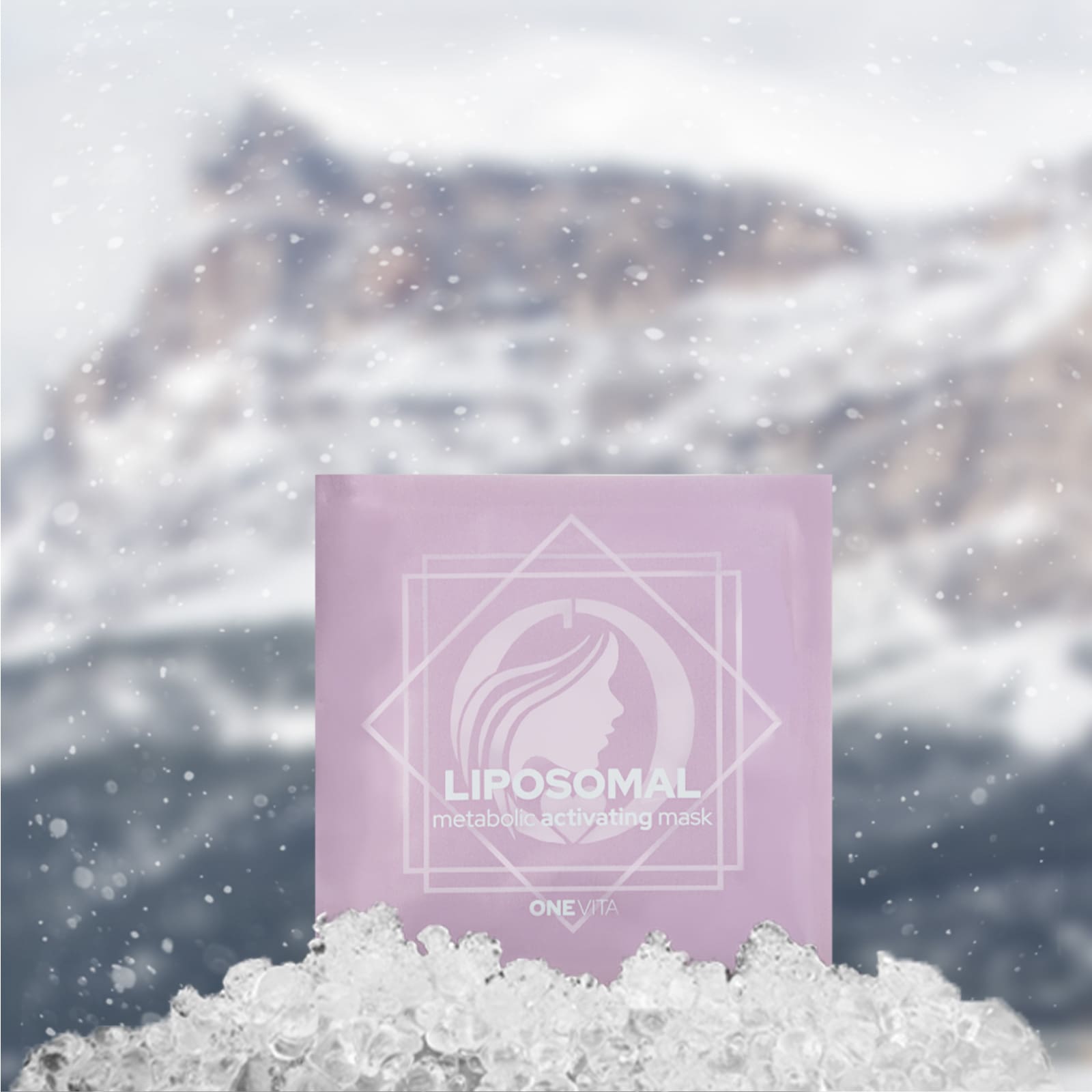 Against the backdrop of a snowy mountain landscape, a lilac package of liposomal metabolism activation masks is placed on a block of ice.