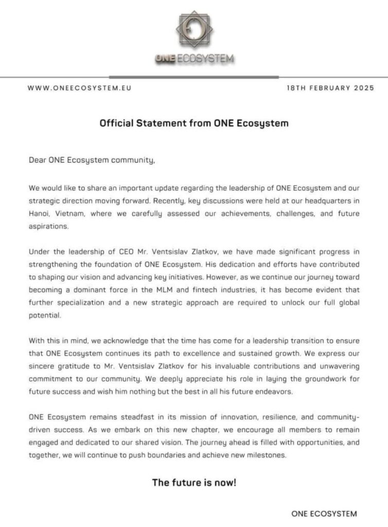 Una declaración oficial de ONE Ecosystem sobre cambios de liderazgo e iniciativas de crecimiento estratégico destinadas a la innovación continua.