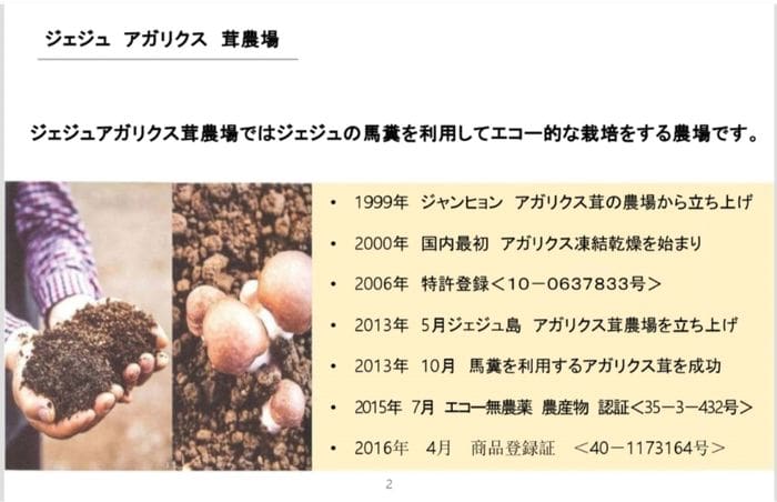The slides in the presentation have Japanese text with a timeline on the right. On the left, images of the soil and the agarisk mushroom are displayed, highlighting the cultivation process, including techniques that preserve the unique properties of the mushroom, such as freeze-drying.
