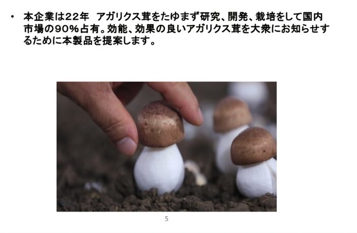 A hand gently touching a brown mushroom among several types of mushrooms, placed on the surface of the rich soil. The Japanese text above suggests its origin. It comes from Jeju Farm and is known for its finest cultivation.