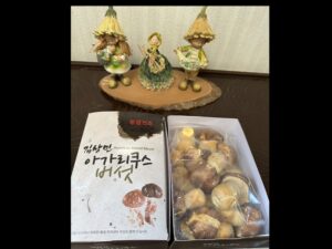 On the shelves, boxes of fresh Korean Jeju Agaricus mushrooms are elegantly arranged alongside three ceramic figurines wearing hats.