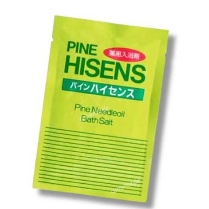 The bright green package, labeled "Pine Hisense," contains pine needle oil bath salts. The packaging is written in both English and Japanese, making it an option for medicinal bath salts that provide a soothing bathing experience.