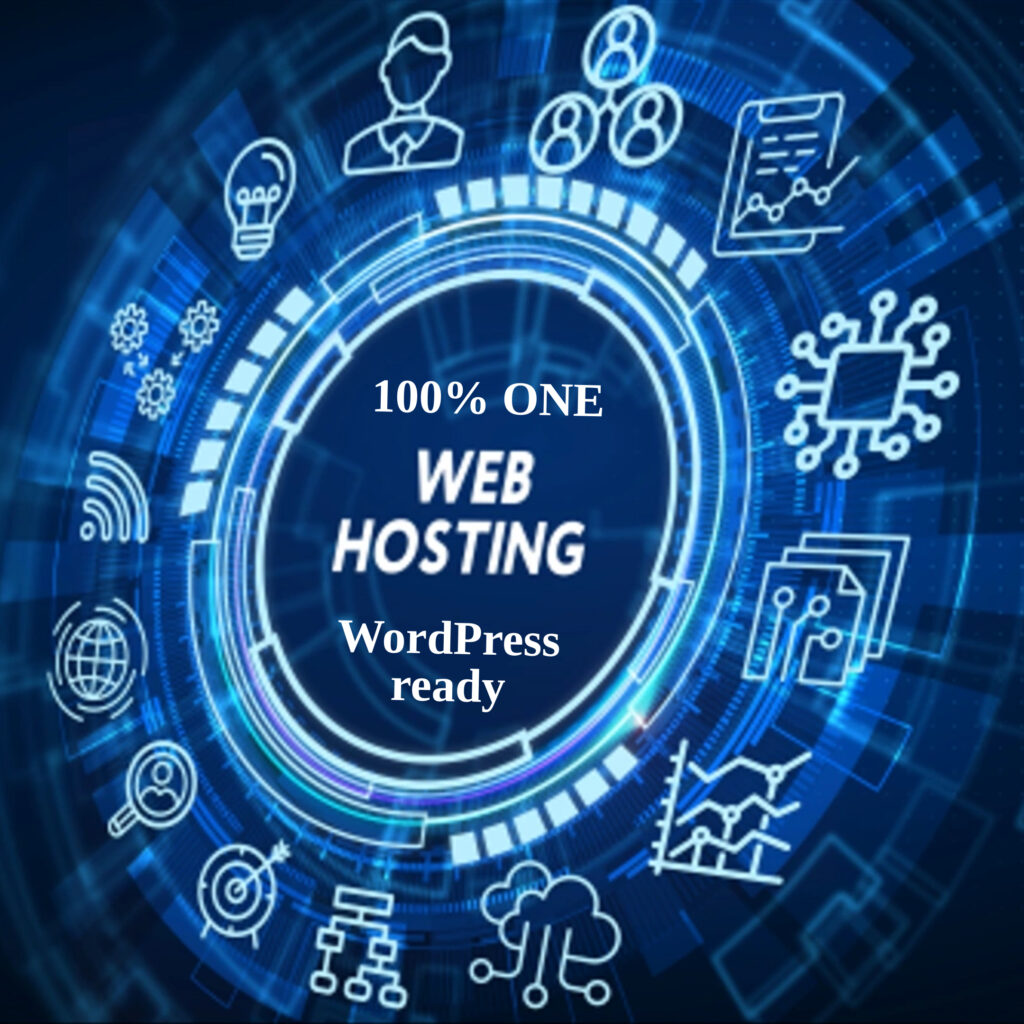 Một đồ họa kỹ thuật số có dòng chữ "Web Hosting" và "100% ONE WordPress ready". Nền giống như mạch màu xanh lam được tạo điểm nhấn bằng các biểu tượng tượng trưng cho công nghệ và khả năng kết nối. Nó hoàn hảo để làm nổi bật chiến dịch năm 2025 và giới thiệu tương lai của các giải pháp dựa trên máy chủ SSD.
