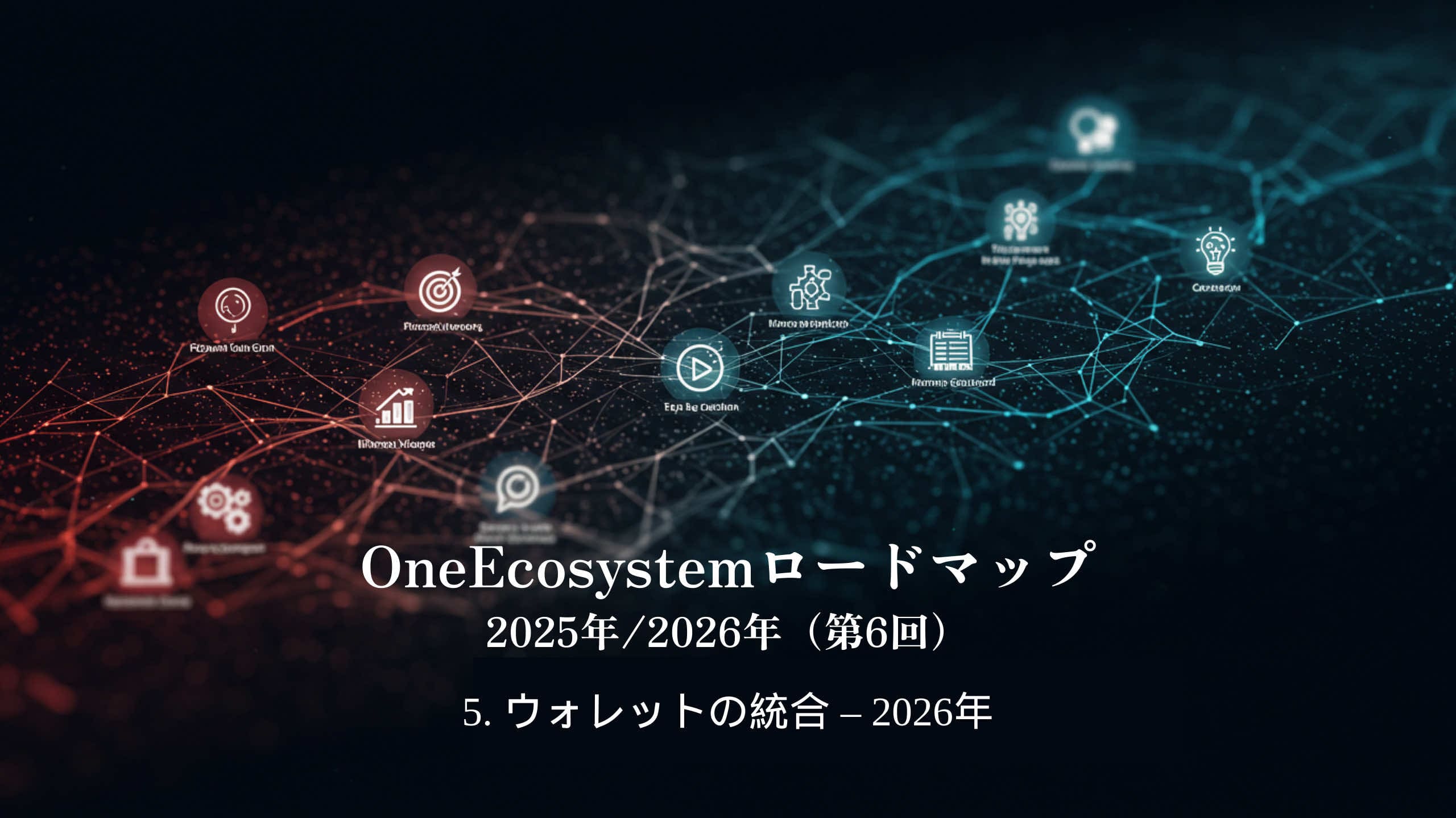 相互接続されたアイコンのデジタルネットワークは、ブロックチェーンとウォレット技術を強調している。日本語のテキストにはこうある：「OneEcosystemロードマップ2026年 - ウォレットの統合」（ウォレットの統合 - 2026年）。.