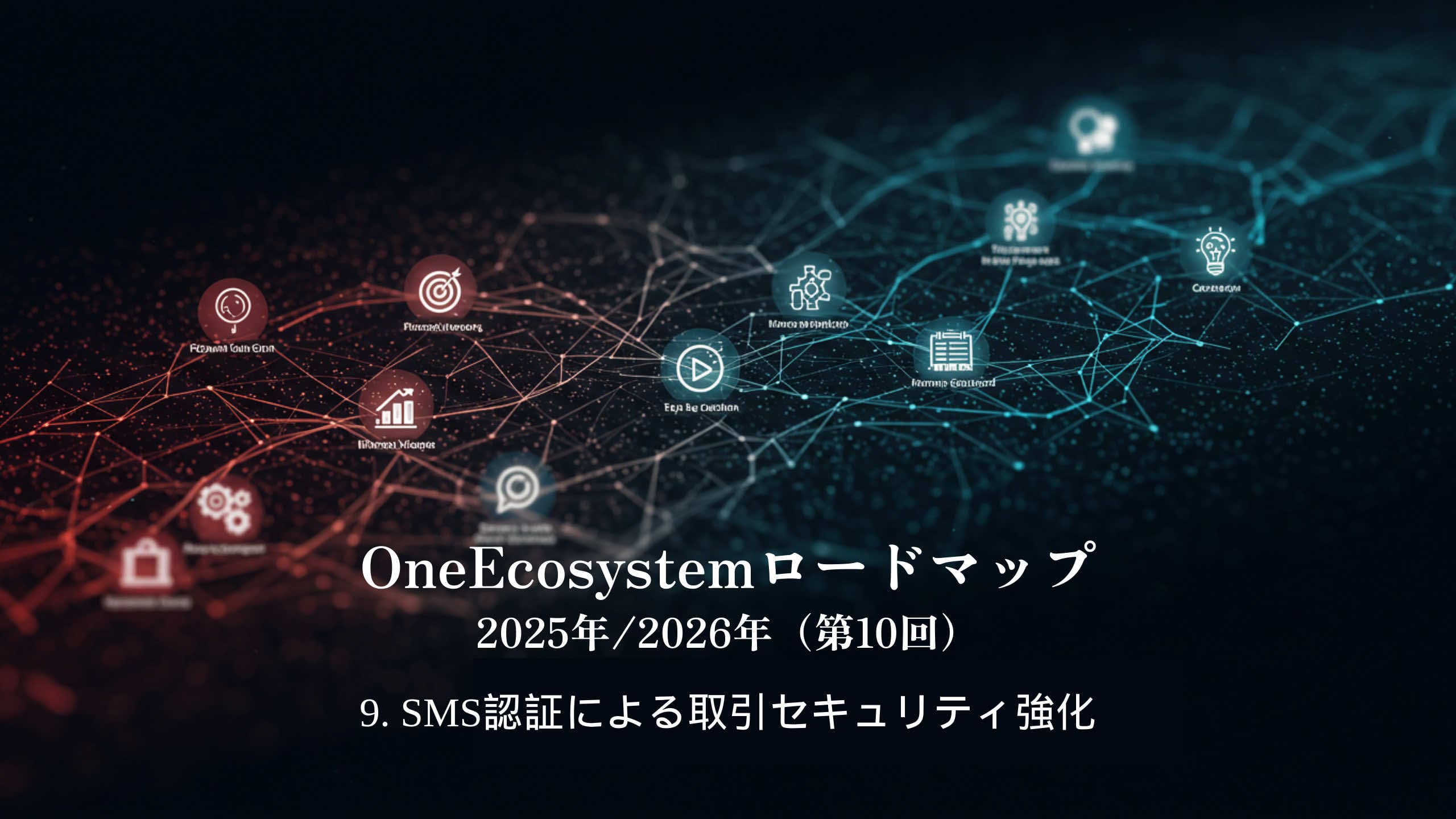 相互接続されたアイコンとノードがワンエコシステムを強調するデジタル・ネットワーク・グラフィック。日本語のテキストは以下の通り：“OneEcosystemロードマップ 2025年/2026年（第10回）9.sms認証による取引セキュリティ強化」。.
