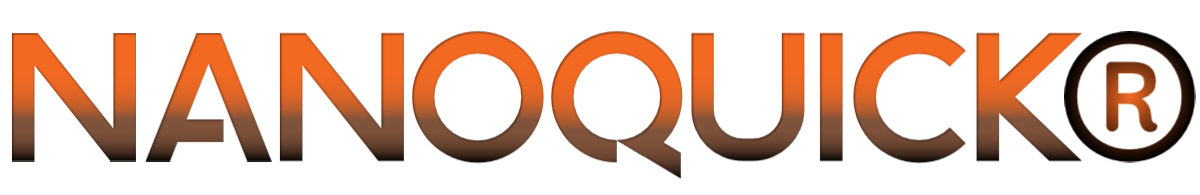 Sur l’image, vous pouvez voir le mot « NANOQUICK » en lettres dégradées en gras qui vont de l’orange foncé à l’orange clair. Le symbole de la marque déposée (®) se trouve sur le côté droit du texte. L’aspect élégant et moderne sur un fond noir évoque une sensation nouvelle, idéale pour les applications de pavage ou de béton.