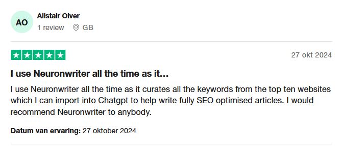 geschreven review op trustpilot over Neuronwriter 2