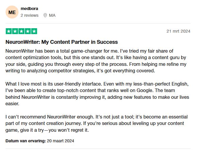 geschreven review op trustpilot over Neuronwriter 3