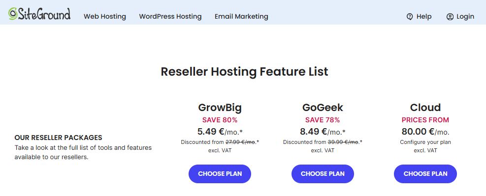 SiteGround Reseller Hosting bundels Reseller hosting list