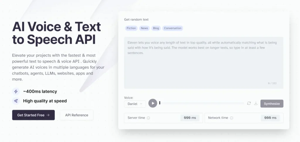 Afbeelding van de ElevenLabs AI Voice & Text-to-Speech API-interface, met opties voor snelle tekst-naar-spraak generatie in meerdere talen, en een voorbeeldvenster met de stem 'Daniel'.