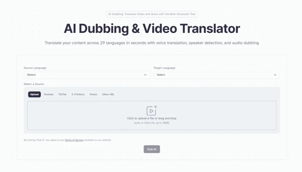 Afbeelding van de AI Dubbing & Video Translator-interface van ElevenLabs, waarmee gebruikers video's en audio kunnen vertalen en dubben in 29 talen met functies zoals taalherkenning en sprekerdetectie.