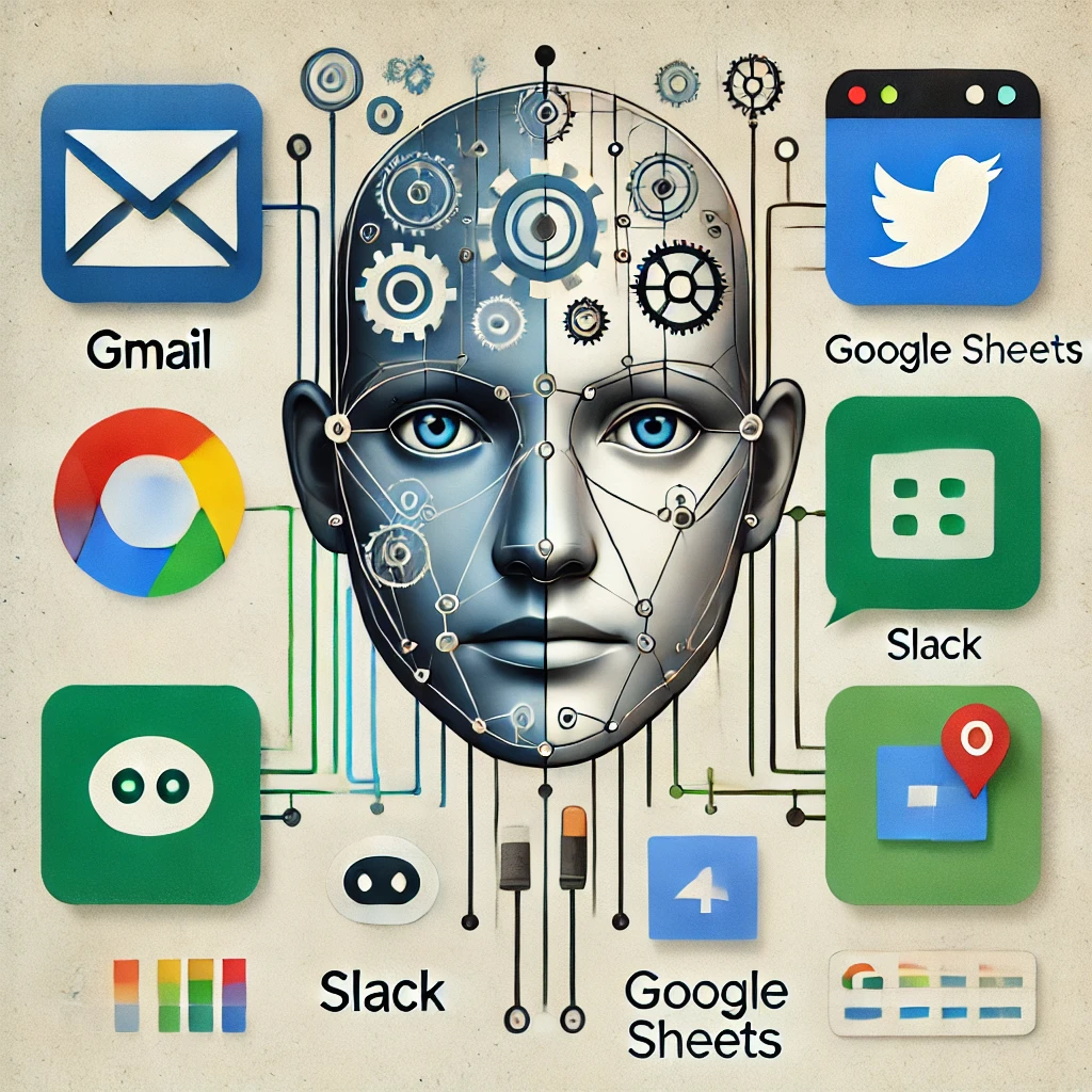 Schematisch diagram van verbonden apps zoals Gmail, Slack en Google Sheets, gecentreerd rond een automatiseringstool, met een realistisch menselijk gezicht geïntegreerd als symbool voor samenwerking en technologie.