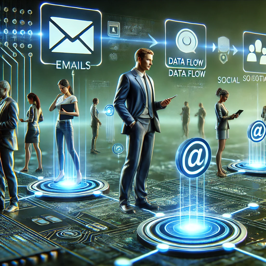 Een realistische afbeelding van mensen die samenwerken met een digitaal interface, omringd door geautomatiseerde taken zoals e-mails, data synchronisatie en social media beheer, in een futuristische setting.