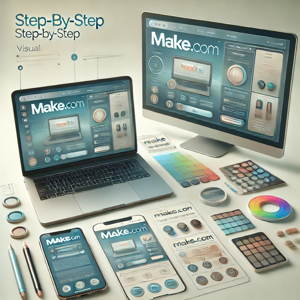 Een visueel stappenplan met een realistische laptop en telefoon waarop Make.com openstaat, in natuurlijke kleuren met subtiele schaduwen en een neutrale achtergrond. Minimalistische iconen begeleiden de stappen.