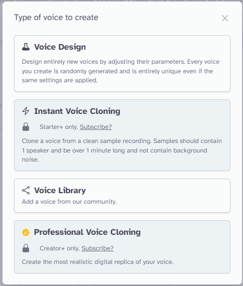 Afbeelding van het keuzemenu voor stemcreatie in ElevenLabs met opties zoals Voice Design, Instant Voice Cloning, Voice Library en Professional Voice Cloning.