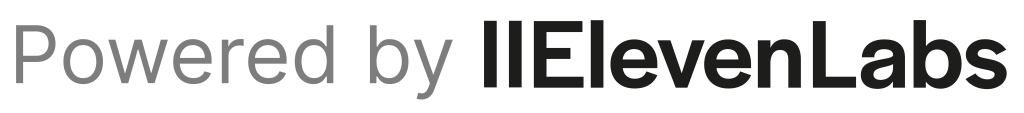 Zwart-wit logo van ElevenLabs, met de tekst 'Powered by ElevenLabs'.