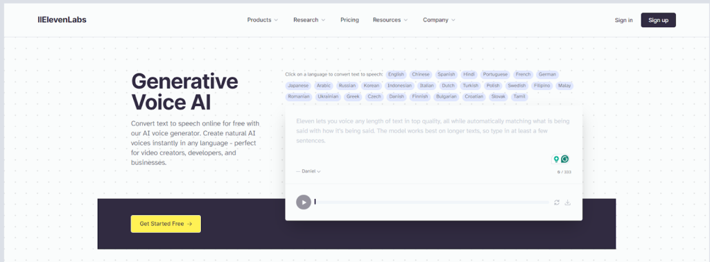 Screenshot van de E.L.
website met een generatieve Voice AI-tool voor tekst-naar-spraak, inclusief ondersteuning voor meerdere talen zoals Engels, Nederlands en Frans, en een knop met 'Get Started Free'.