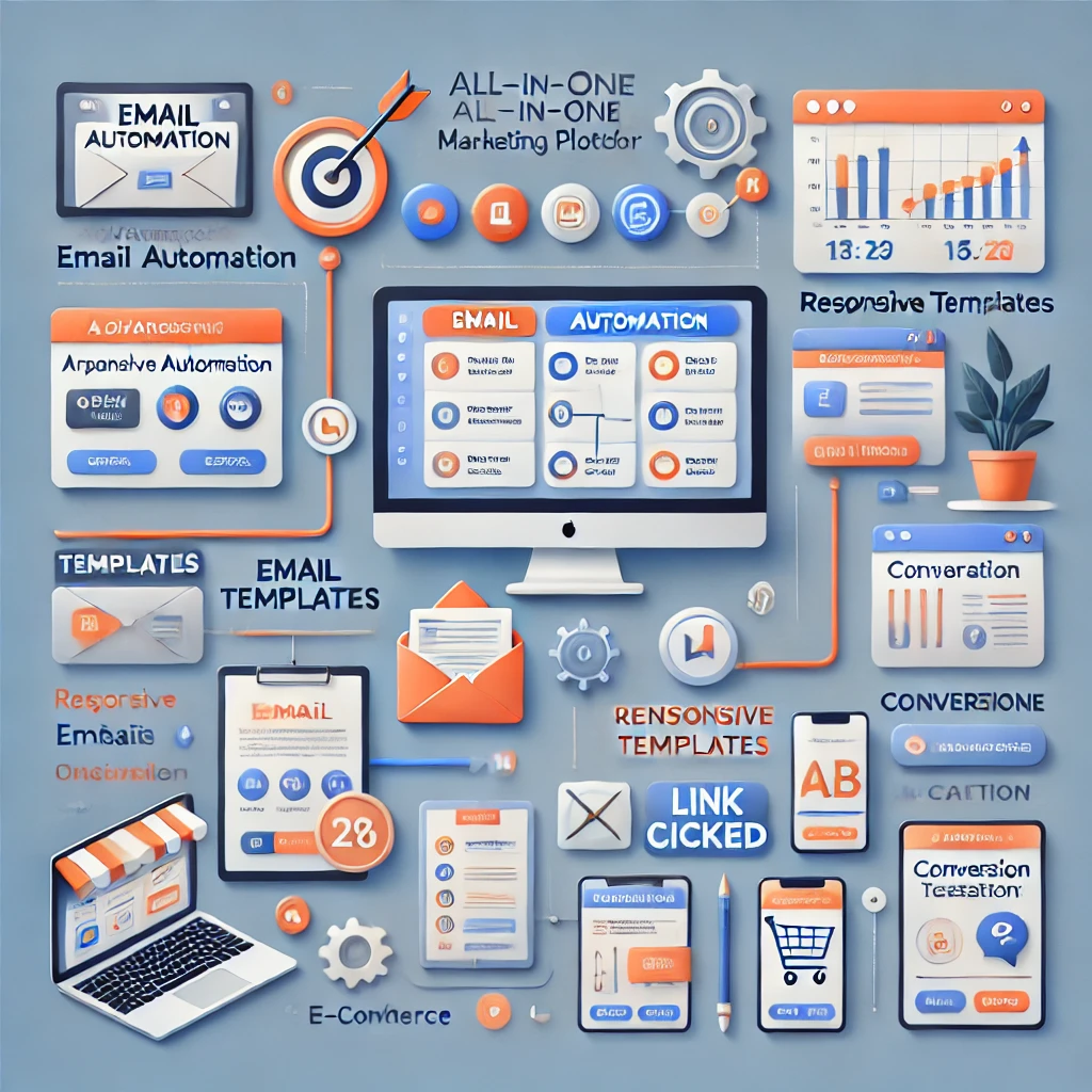 Infographic met de belangrijkste functies van een alles-in-één marketingplatform, inclusief e-mailautomatisering, responsieve sjablonen, e-commerce, conversie-optimalisatie en linktracking.