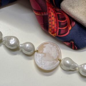 Bracciale perle naturali, scaramazze, argento 925, cammeo autentico conchiglia, bracciale sposa, regalo per lei)