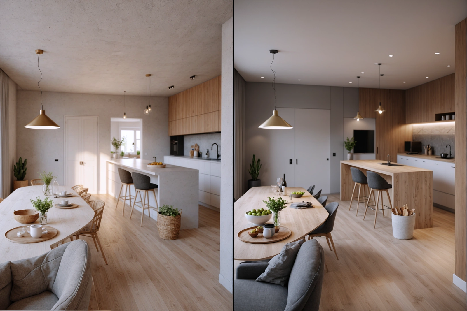 After: Scandinavian-style kitchen with light wood accents and warm ambient lighting.