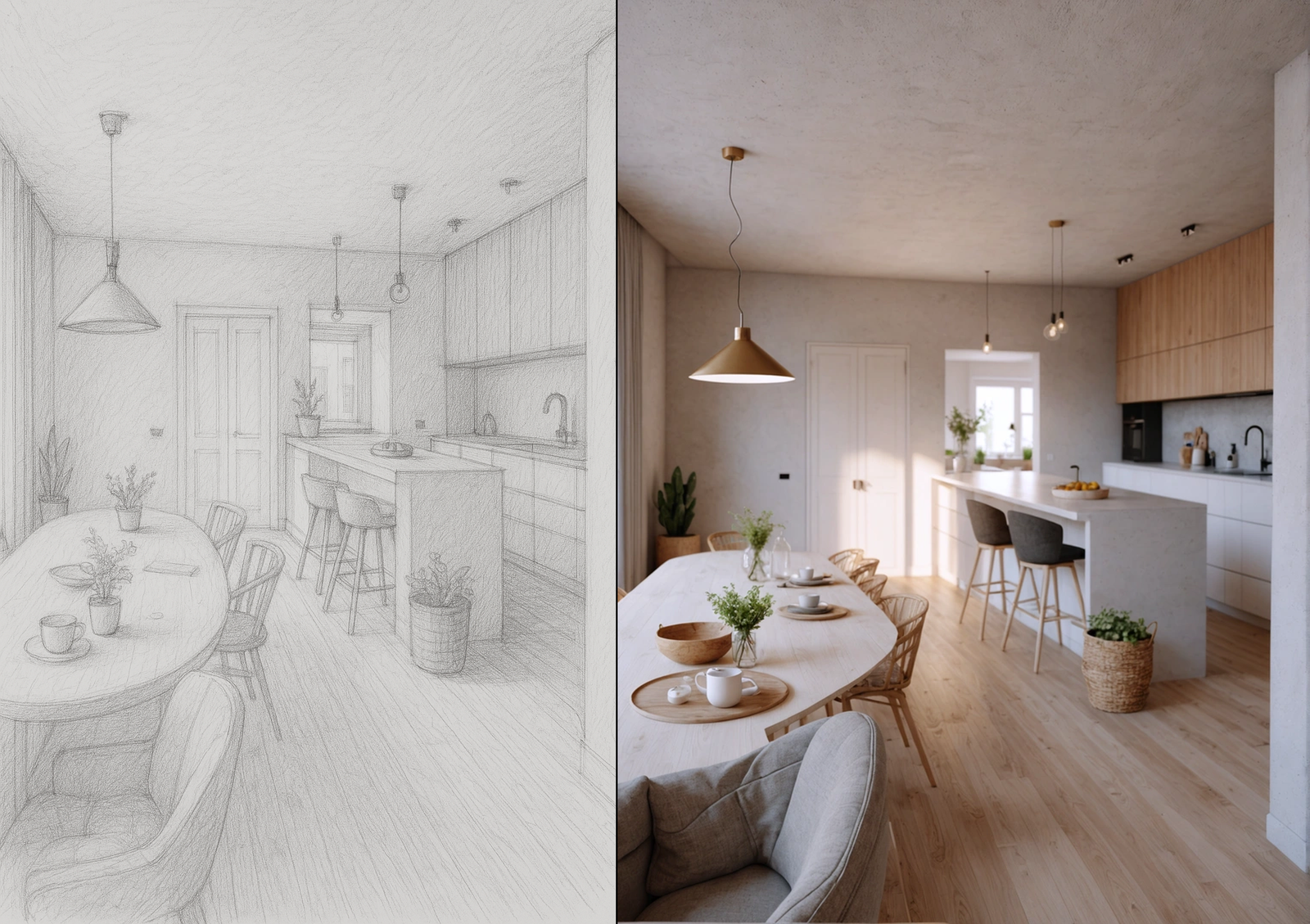 Comparación de sketch y render realista de interiores generado por IA