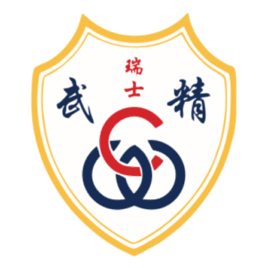 Dieses Bild zeigt ein Emblem mit einem goldenen Schildumriss, der in der Mitte ein ineinander verschlungenes blaues, rotes und weißes Muster enthält, das einem stilisierten „G“ ähnelt. Oben auf dem Schild sind die roten chinesischen Schriftzeichen „国安“ zu sehen, flankiert von kleineren Schriftzeichen.